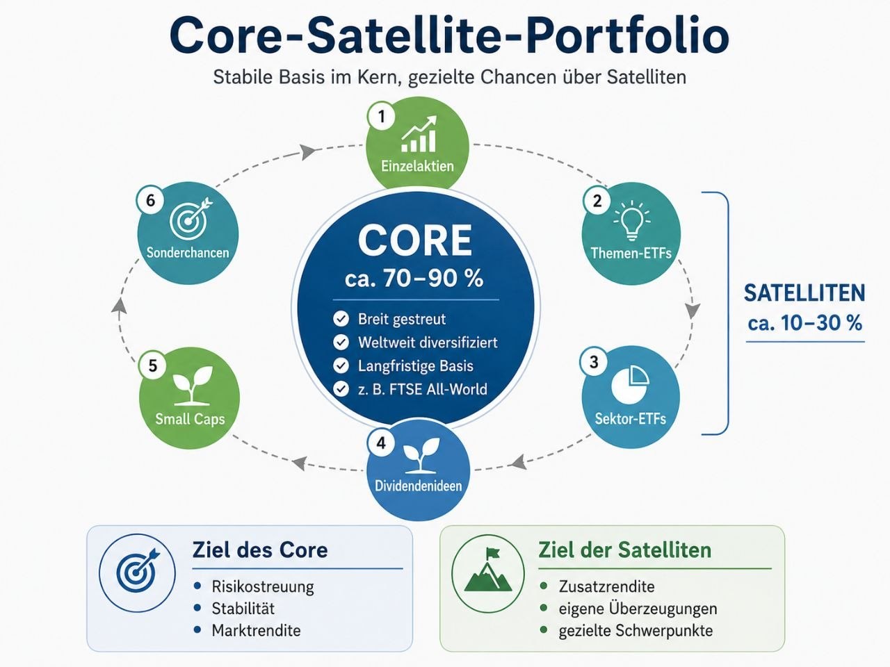 Infografik zum Core-Satellite-Portfolio: Der Core umfasst den Großteil des Portfolios und steht für breite Streuung, weltweite Diversifikation und langfristige Basis. Satelliten sind kleinere Beimischungen wie Einzelaktien, Themen-ETFs, Sektor-ETFs oder Sonderchancen.