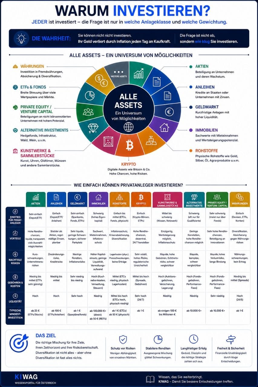 Infografik zu Anlageklassen: Aktien, Anleihen, Geldmarkt, Immobilien, Rohstoffe, Krypto, Kunstwerke, alternative Investments, Private Equity, ETFs und Fremdwährungen mit Einstieg, Vorteilen, Nachteilen, Gebühren und Liquidität.